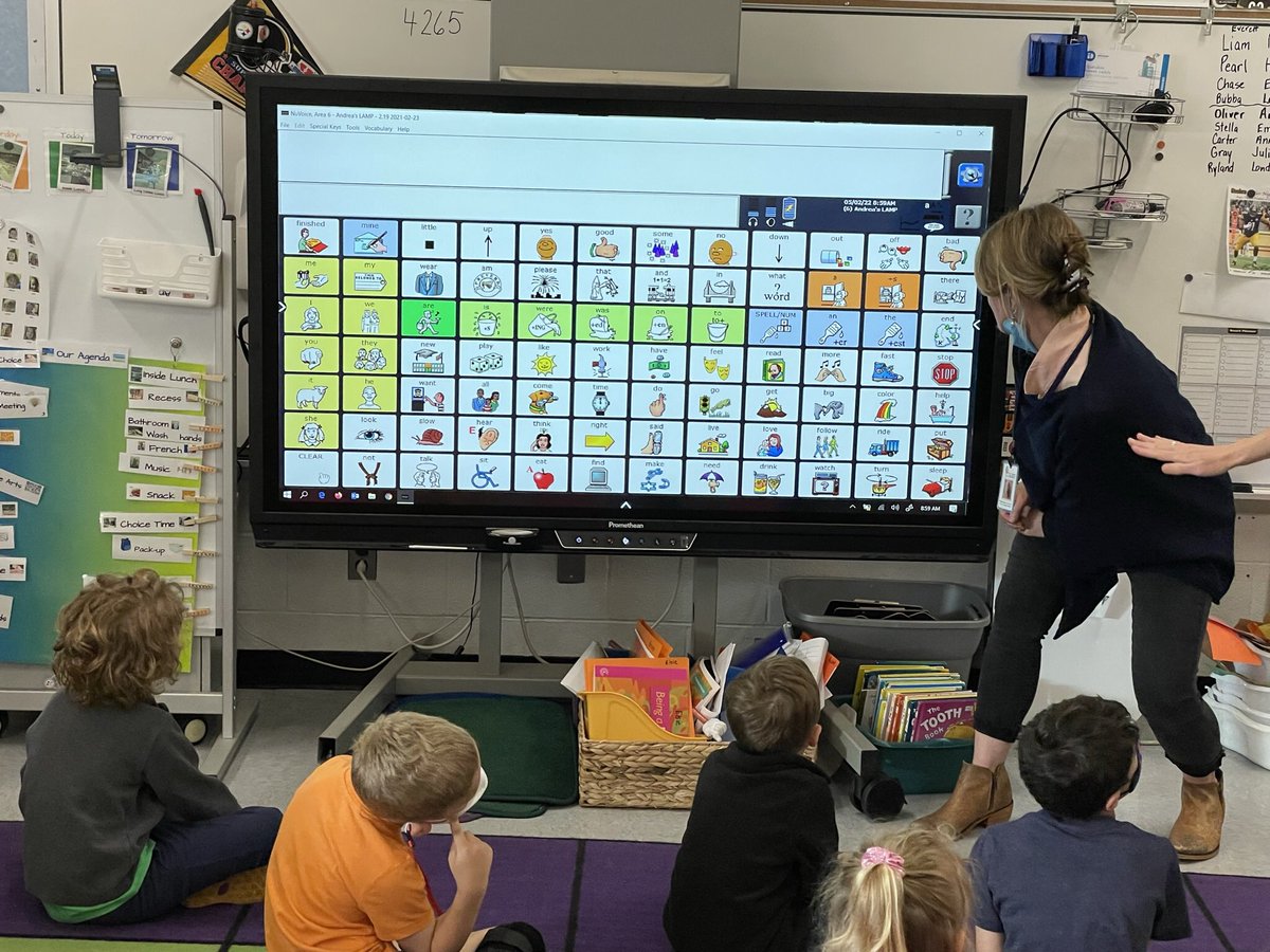 Class got to learn how to use LAMP (assistive communication) so they can interact more fully with a classmate. Have a low tech Velcro version to hang in the room for kids to use and used ActivPanel to show the actual program. Amazing day! #inclusion #classroomcommunity