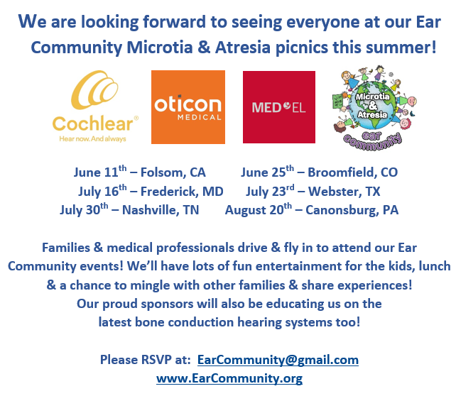 Melissa Tumblin (@earcommunityorg) on Twitter photo Join us this summer at one of Ear Community's Microtia and Atresia events!
Please join us with:
<a href="/CochlearUS/">Cochlear Americas</a> <a href="/OticonMedical/">Oticon Medical</a> <a href="/medel/">Manuel Medel Pedro</a> <a href="/UCDavis_OTOHNS/">UC Davis Health Otolaryngology</a> <a href="/VanderbiltENT/">VUMC Otolaryngology–Head and Neck Surgery</a> <a href="/VUMChealth/">Vanderbilt Health</a> <a href="/StanfordOHNS/">Stanford Otolaryngology - Head & Neck Surgery</a> <a href="/OtoPittPeds/">UPMC Children's Pediatric Otolaryngology</a> <a href="/TexasChildrens/">Texas Children's</a>
❤️👂❤️
See everyone this summer!
earcommunity.org/2022-picnics-a… Join us this summer at one of Ear Community's Microtia and Atresia events!
Please join us with:
<a href="/CochlearUS/">Cochlear Americas</a> <a href="/OticonMedical/">Oticon Medical</a> <a href="/medel/">Manuel Medel Pedro</a> <a href="/UCDavis_OTOHNS/">UC Davis Health Otolaryngology</a> <a href="/VanderbiltENT/">VUMC Otolaryngology–Head and Neck Surgery</a> <a href="/VUMChealth/">Vanderbilt Health</a> <a href="/StanfordOHNS/">Stanford Otolaryngology - Head & Neck Surgery</a> <a href="/OtoPittPeds/">UPMC Children's Pediatric Otolaryngology</a> <a href="/TexasChildrens/">Texas Children's</a>
❤️👂❤️
See everyone this summer!
earcommunity.org/2022-picnics-a…