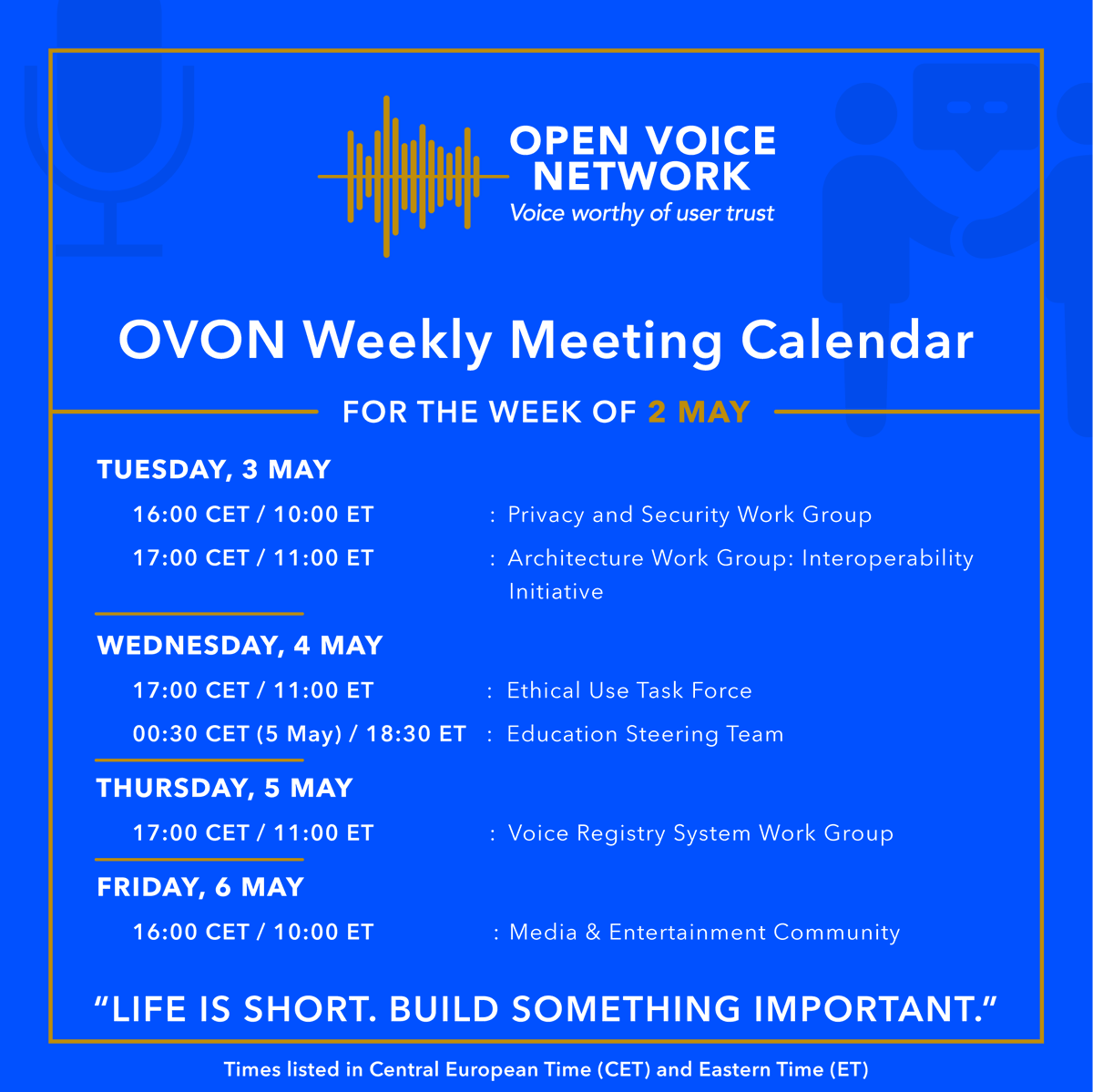 openvoicenet's tweet photo. The #OpenVoiceNetwork believes in the power of communication &amp; collaboration. Our weekly meetings offer an opportunity to connect w/ others, share ideas, and learn from experts in the #voice industry. For a full list of meetings and events, visit https://t.co/4jfqSqm7TN. #OVON https://t.co/YT9hFskKam