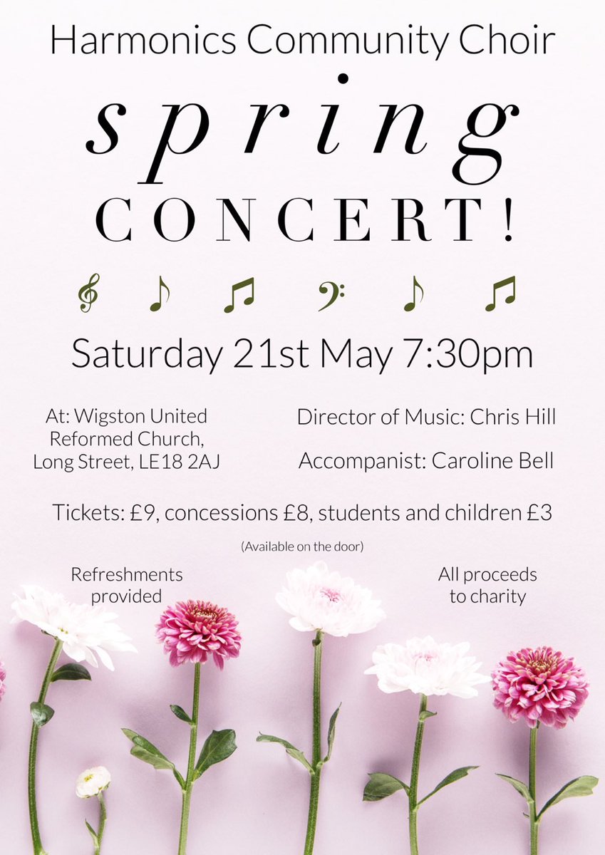 🎶🌷S p r i n g  C o n c e r t 🌷🎶

Looking forward to our first concert in a long while! It would be fantastic to see you there. #harmonicscommunitychoir #wigston #leicester #leicesterevents #choirconcert #wigstonchoir
