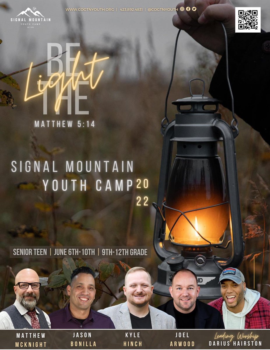 Here are the Signal Mountain Youth Camp Speakers and the Worship Leader during Senior Week…It’s going to be 🔥🔥🔥 Get registered!! Go to cogtnyouth.org/smyc to register!
