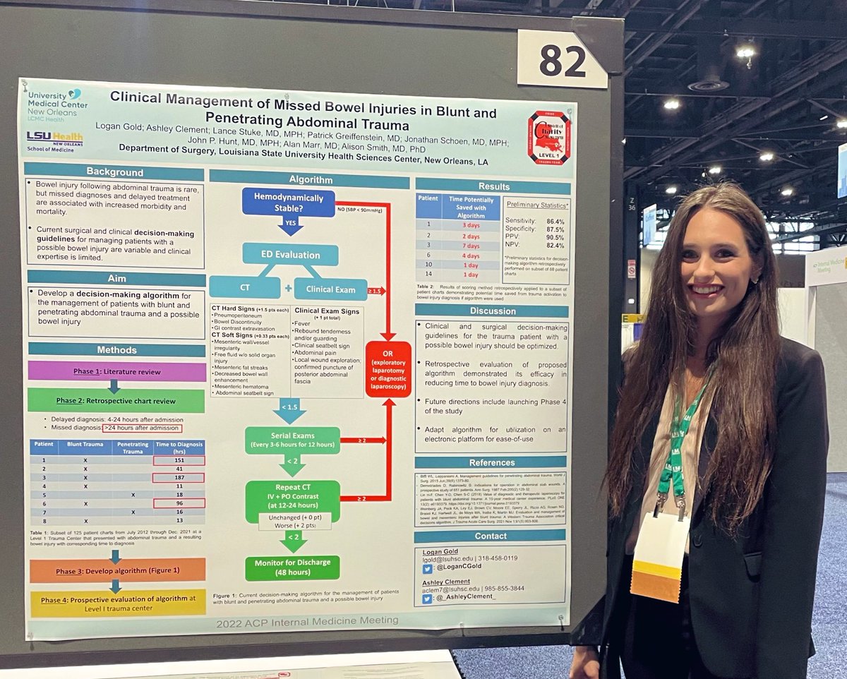 Thank you @ACPinternists for inviting me to present our algorithm for preventing missed bowel injuries in abdominal trauma patients. What a great experience—and an awesome introduction to Chicago! @LAChapterAcp @LSUHealthNO @_AshleyClement_ #ACP2022
