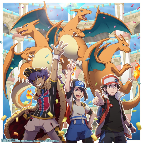 Chariganda35's tweet image. Awesome Artwork by Taz Saints of Leon, Bettie, Red and their Charizard for Pokémon Masters EX!