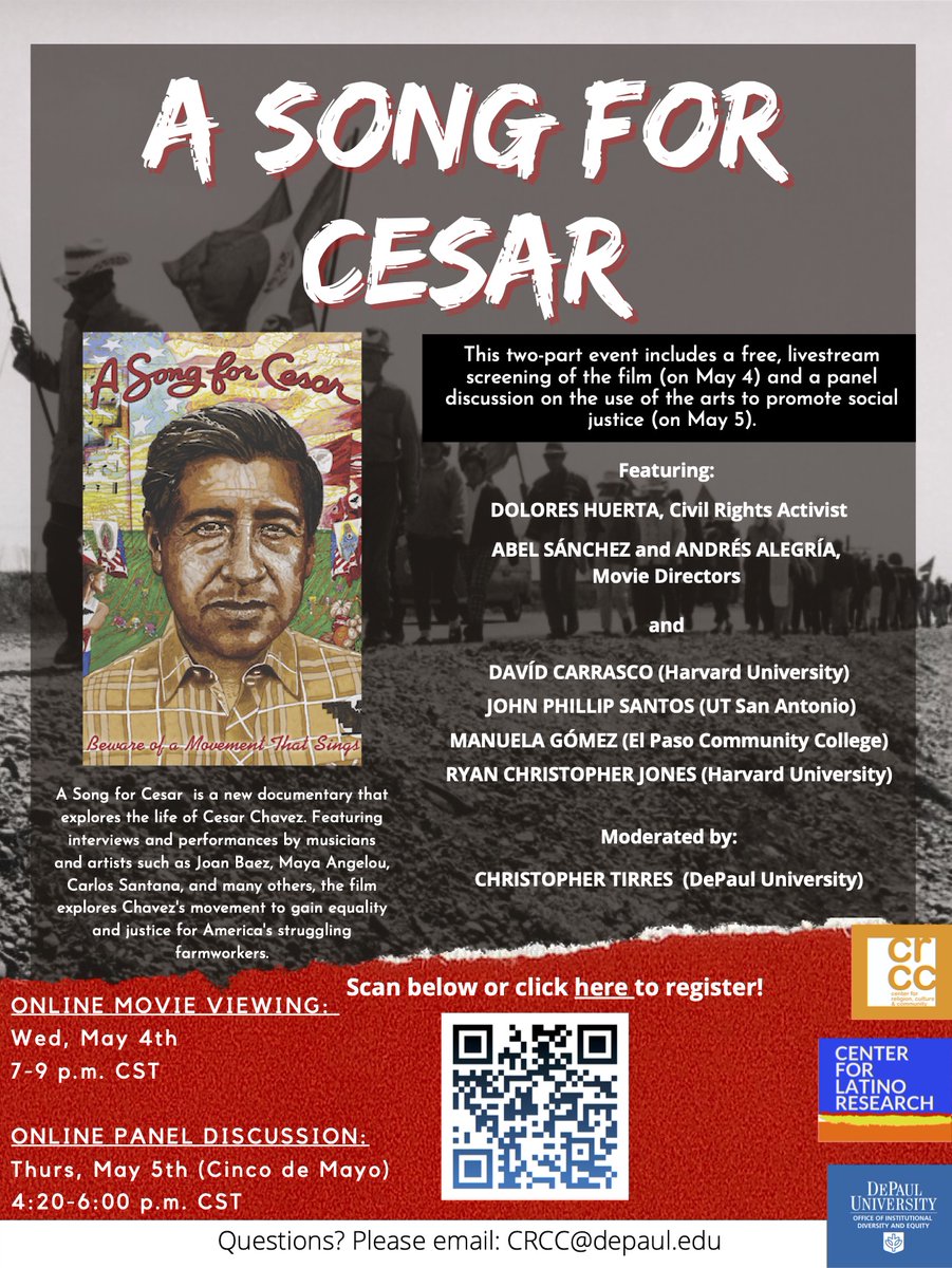Please join us next Wednesday, May 4th from 7pm-9pm CDT for a free, live-stream screening of “A Song for Cesar” – the documentary film exploring the socially-engaged music and art of the United Farm Workers Movement. Register here: eventbrite.com/e/a-song-for-c…