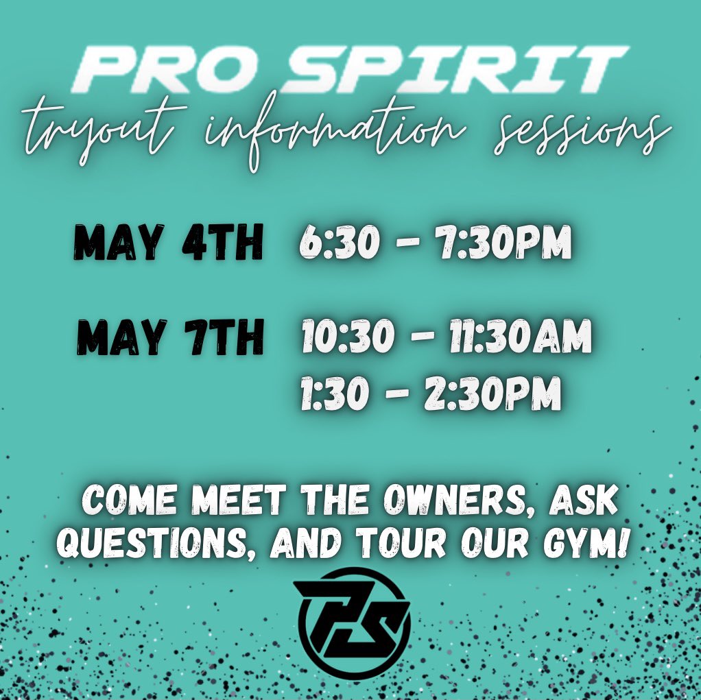 goprospirit's tweet photo. Questions about our Season 27 Tryouts? Join us at our Tryout Information Sessions! 🖤
•
Come meet the owners, ask questions, and tour our gym. We can’t wait to meet you! https://t.co/CRvyEOpm5i