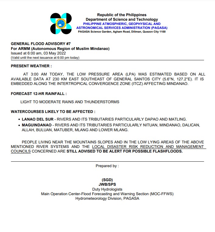 PAGASAFFWS's tweet photo. General Flood Advisories (GFAs)
Issued @ 6AM, 03 May 2022
Region 13 (CARAGA) - #GFA5
BARMM - #GFA7 https://t.co/DN4v7EgDfN
