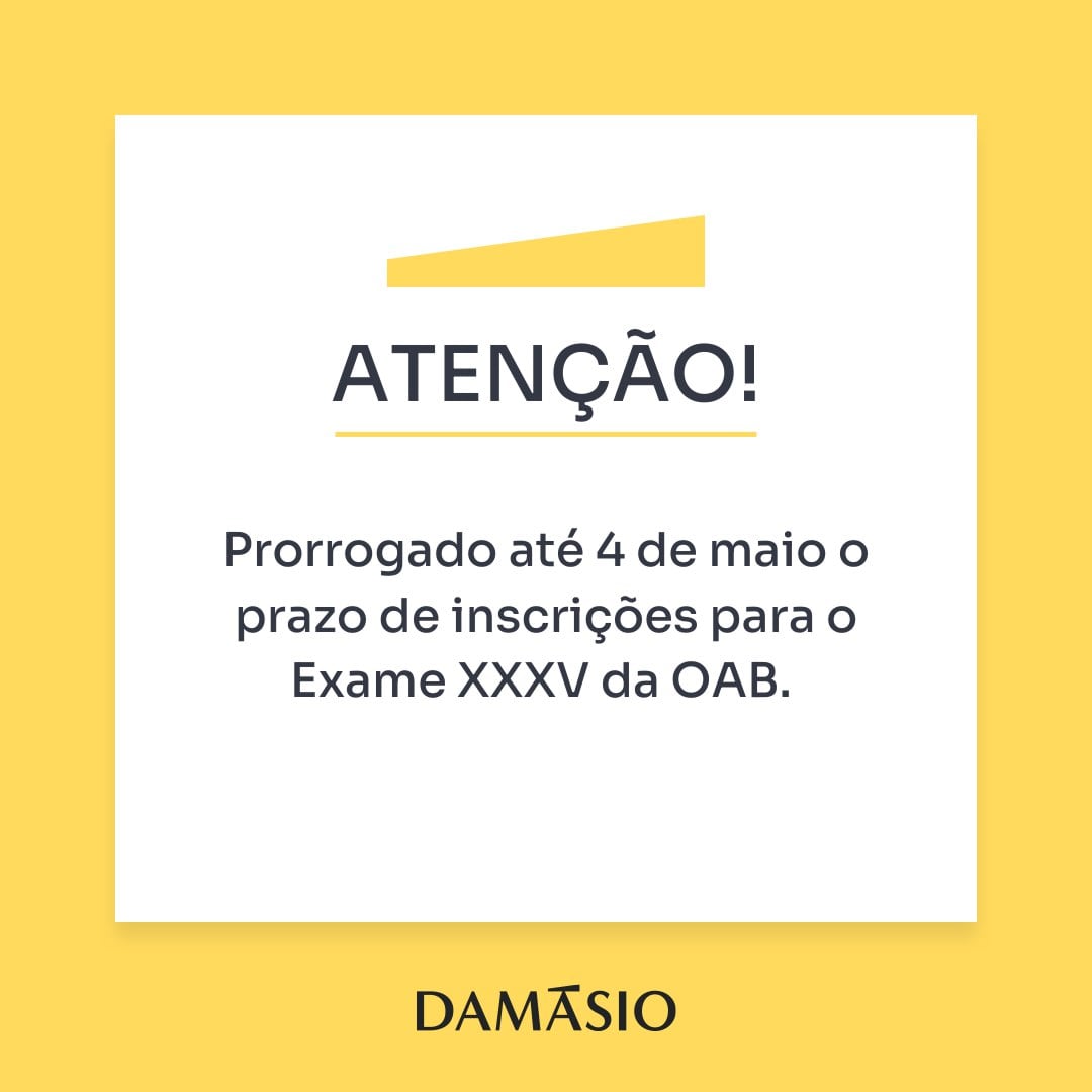 ⛔ATENÇÃO!⛔ 
 
As inscrições para o Exame XXXV da OAB foram prorrogadas até às 17h do dia 04/maio. 
 
oab.org.br/noticia/59641/… 
 
#prorrogada #oab #examedeordem #provaoab ⬇