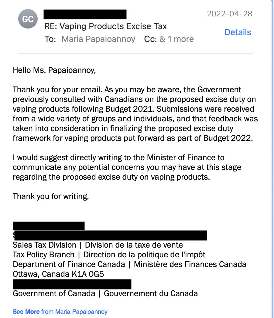 I have personally reached out to people that know a lot more than I do on taxation. suggestion: reach out to the bureaucrats, so I did.  This is the response, from them... Just an FYI - I proposed NO TAX on harm reduction.  what did you propose? #novapetax
