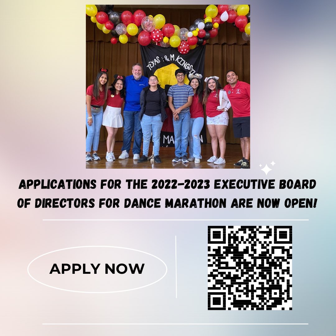 TAMUKDM's tweet photo. Applications for the 2022-2023 Executive Board of Directors for Dance Marathon are now open!
Applications will be open from Monday, May 2, 2022 and will close on Monday, May 16, 2022 at 11:59 pm.
Scan the QR code or click the link in our bio to apply! 

@JavelinaNation https://t.co/vY83acTHHn