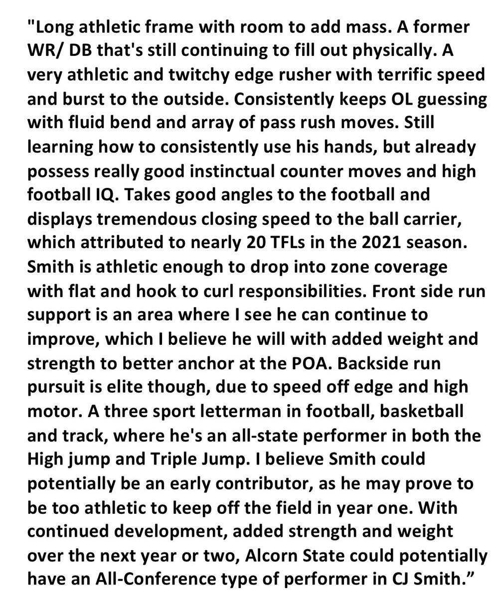 HBCUOnBrand's tweet photo. Doing some film study on the incoming class of 2022, and @CJSmith1 tape really flashed. The 6'4" 200 lbs ATH from Lakeland, FL  primary position will likely be on the edge or some type of defensive hybrid role when he arrives at @AlcornStateFB this summer/fall. Check my Eval👇🏾 https://t.co/6bQUKJJNYi