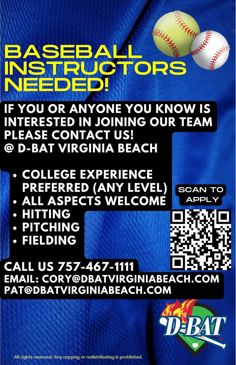 DBATVaBeach's tweet photo. We’re looking for current &amp; former college baseball players or coaches to join our team! Matching 401k benefits. Make a positive difference in your community and have fun doing it. Apply at https://t.co/1cKW4iEKCz https://t.co/VbFq6mrzX1