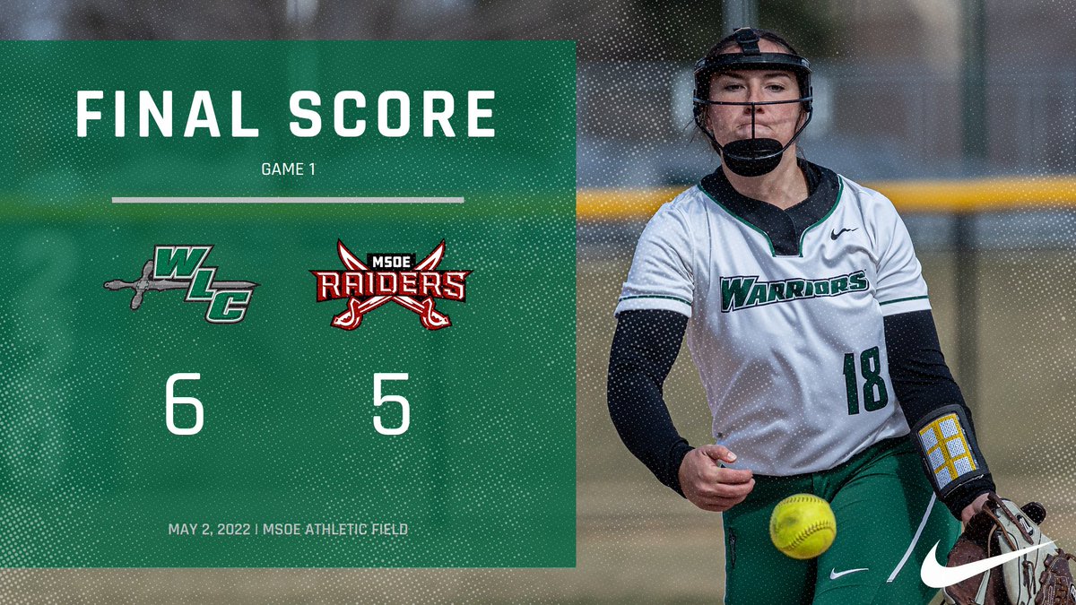 WLCSports's tweet photo. SB (GM 1): @WLCSoftball 6, No. 16 MSOE 5

⚔️ @leximartin03, @bre_hoy, and Katie Scott with two hits each for Warriors.

⚔️ @bre_hoy leads WLC with two runs.

⚔️ @callieterrill98 wins third game of the season in the circle with complete game effort.

#WeAreWarriors #NACCtion #d3sb https://t.co/krP6fnnwGu