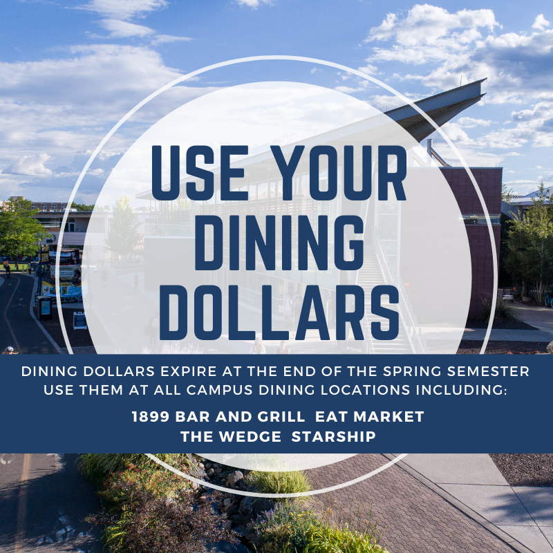Dining dollars expire at the end of this week! Spend before the end! You can use your dining dollars at any of the campus dining locations including 1899 Bar and Grill, Eat Market, The Wedge, and Starship! #diningdollars #naucampusdining #finalsweek