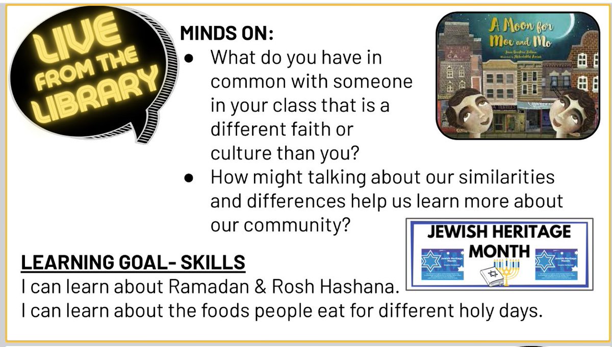 LarkspurLibLC's tweet image. Today’s #LiveFromTheLibrary story was a spark to get our learning started for #JewishHeritageMonth and to connect with those students who observed Ramadan and are celebrating #EidUlFitr @PDSB_Libraries