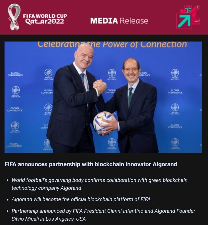 AsifBurhan's tweet image. FIFA have announced an agreement with @Algorand in which they will become &quot;the official blockchain platform of FIFA and provide the official blockchain-supported wallet solution&quot; and an official sponsor of the 2023 @FIFAWWC