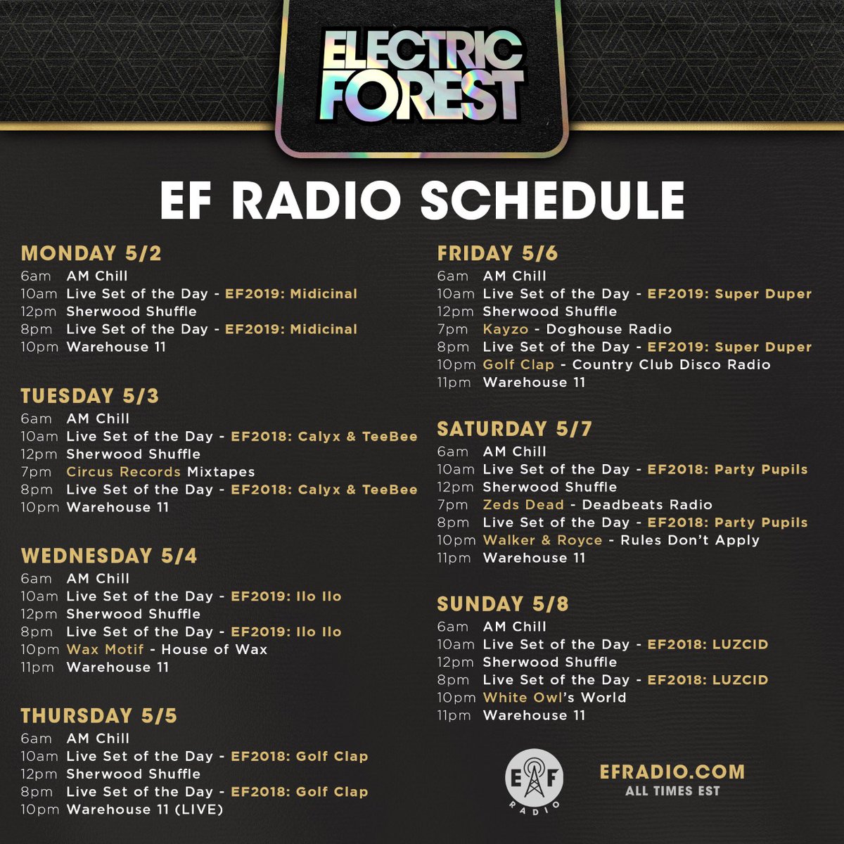 Electric_Forest's tweet photo. This week on @EForestRadio! 📻🌲

Tune in for #EF2018 &amp; #EF2019 sets from @iloilofeel, @PartyPupils and others, plus daily broadcasts of the AM Chill and Sherwood Shuffle, blocks from @Deadbeats Radio and @GolfClapDET, and more.

Hear it 24/7/365 at https://t.co/bpCBwX9BfI! https://t.co/Ffv0iWcZQQ
