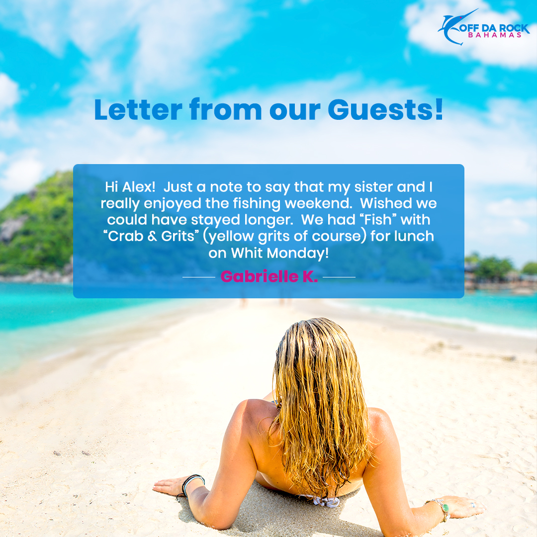 offdarockfishin's tweet photo. #Testimonials 

Thank you Gabrielle for sharing your wonderful experience with Off Da Rock Bahamas ❤️. 

Visit our website for more details: https://t.co/RQmDvEgvyQ

#Testimonials #happyclient #visitbahamas #guests #happyvisitors #travelwithus #offtherockbahamas #bahamas https://t.co/YU3Nj0ANmA