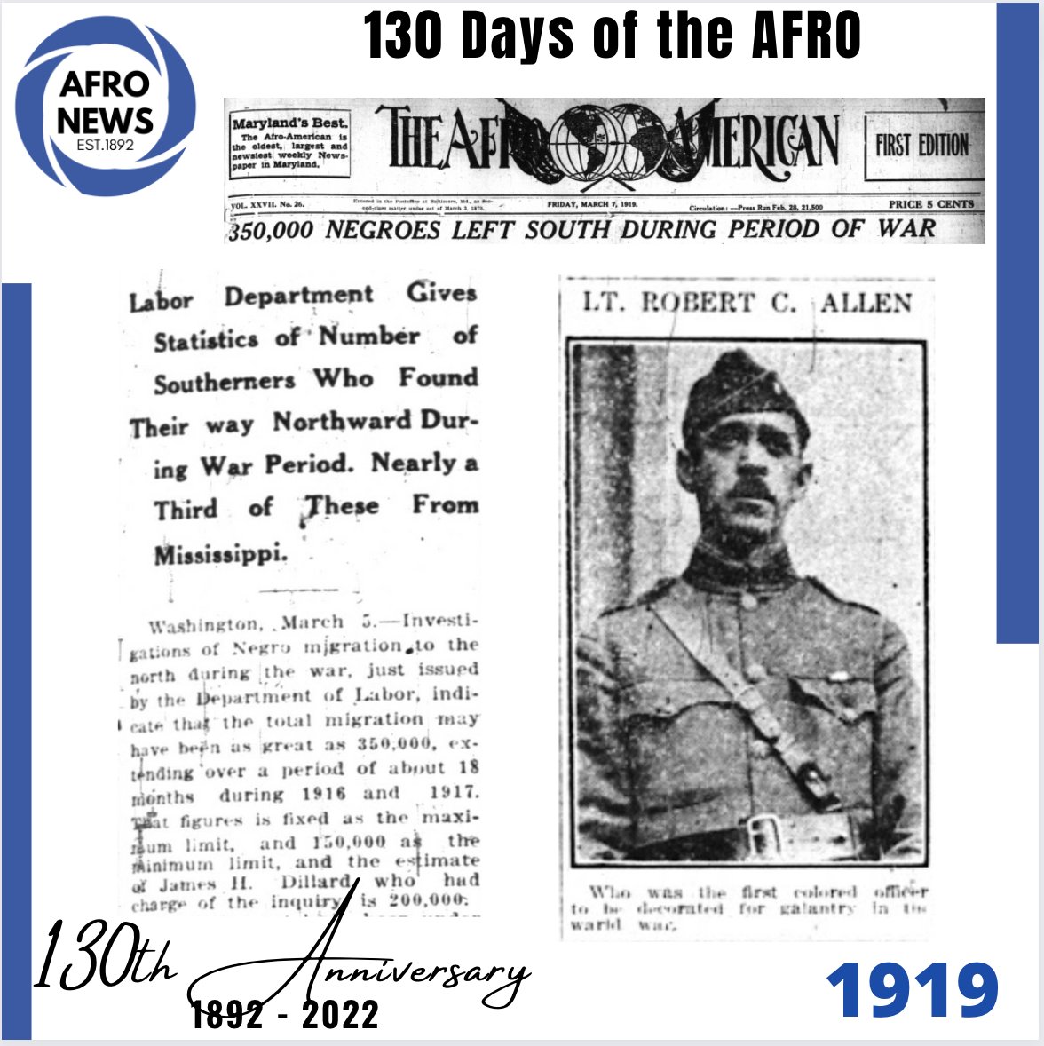afronews's tweet photo. 130 Days of the AFRO

Negros Left South During Period of War - Great Migration begins

Lt. Robert C.Allen was the first colored officer to be decorated for gallantry in the world war.

#afronews #130daysofAFRO #1918 https://t.co/bcx8Z44atS