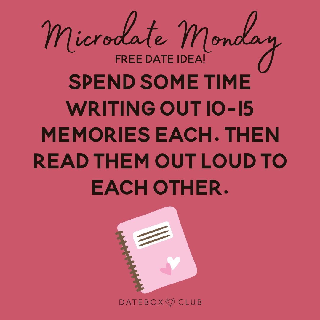 DateBoxClub's tweet image. 💘Microdate Monday💘⁠
⁠
Spend some time and write out 10-15 memories that you have of your partner. Read them out loud to each other. ♥️

#DateBoxClub #DateBox #MicroDate #FreeDate