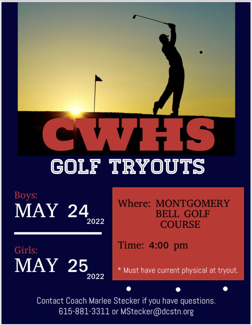 ‼️GOLF TRYOUTS‼️
Get outside, swing a club, and get warmed up for tryouts ⛳️
I look forward to seeing everyone on May 24 (boys) &amp; May 25 (girls). 
Be sure to bring a current physical with you!
#cwhsgolf #wearecreekwood
