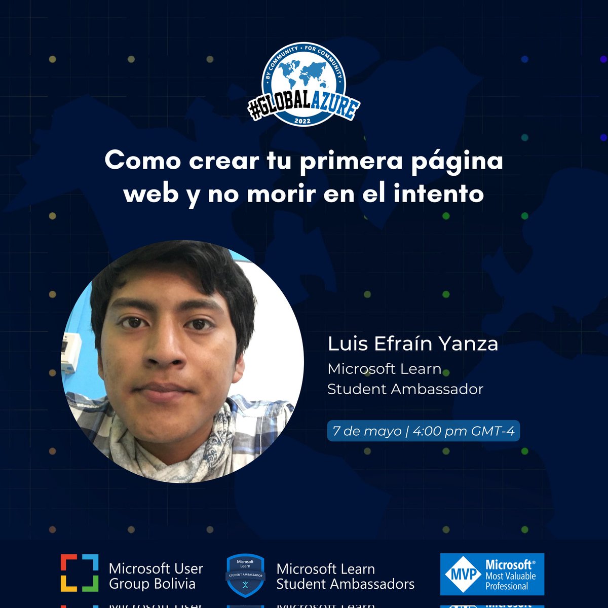 MUGBolivia's tweet photo. ¡Speakers #GlobalAzure2022! 🤩

Luis Efraín Yanza Lucero, Microsoft Learn Student Ambassador, nos enseñarán a implementar nuestra primera página web usando los servicios de Azure y WordPress.

Regístrate al evento:
https://t.co/2jRIR1E6IF

#MUGBo #GlobalAzure2022MUGBo https://t.co/zlw1cxjX8u