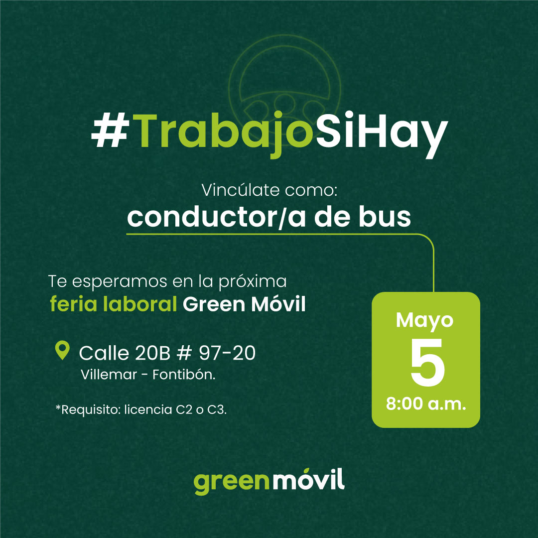 El próximo jueves 5 de mayo la cita es con las oportunidades.

Trae tu hoja de vida y licencia de conducción C2 o C3 a la Calle 20B #97-20 en Villemar - Fontibón.

¡La movilidad eléctrica de Bogotá te está esperando!
#TrabajoSiHay #empleo