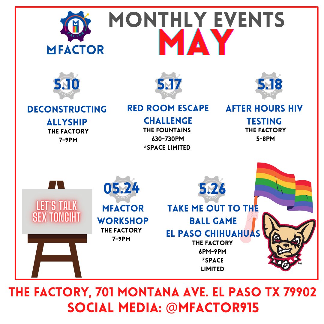 MFactor915's tweet photo. Hello beautiful people! It’s May and the events are here! Take a look and let me know which event you’d like to participate. Some events are space limited! Hope to see you at one of them 🌈 #mfactor #elpasotexas #lascrucesnm #cuidadajuarez #mpowerment #lgbt #mayevents #joinus https://t.co/MpjwJsUzc2