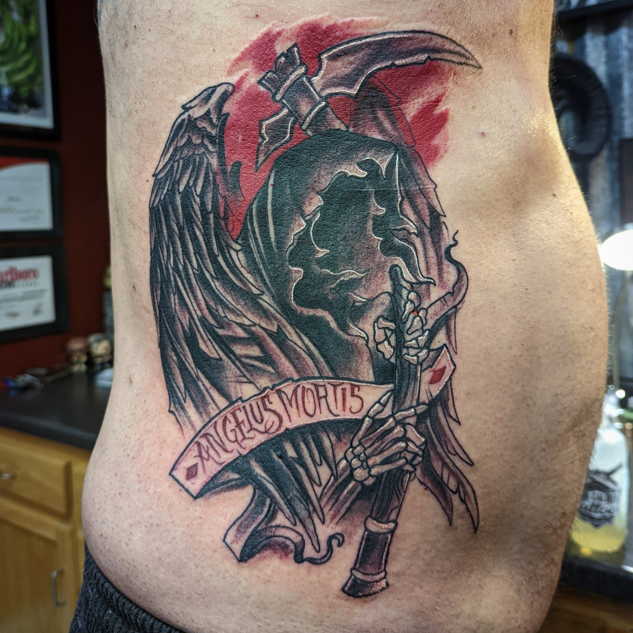 Left Side Rib Fallen Angel Tattoo