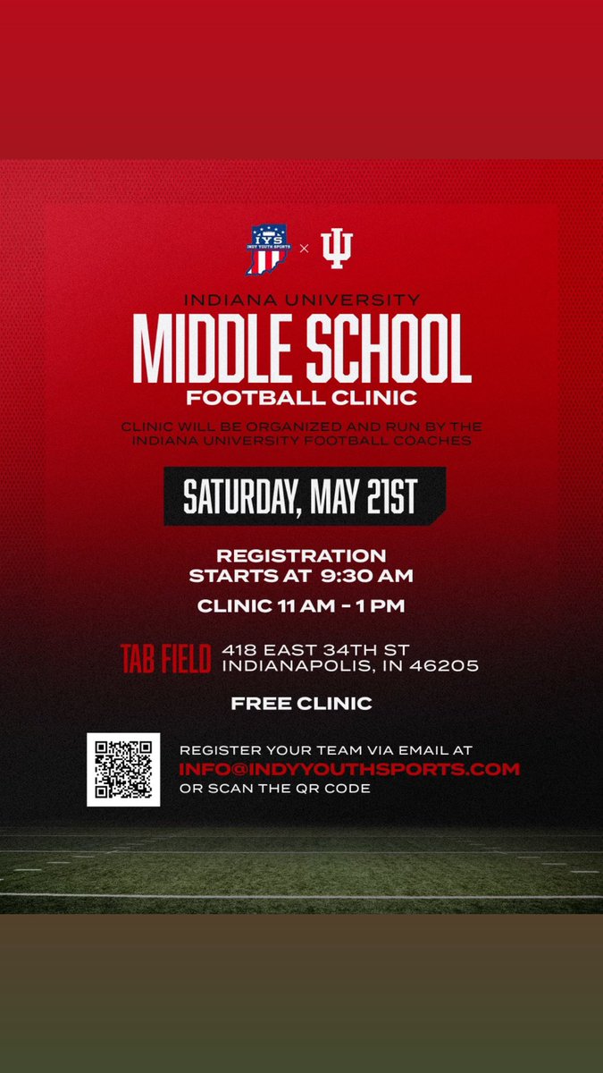 🚨FOOTBALL CLINIC ALERT🚨            
Moms, make sure you get your MIDDLE SCHOOL football players registered for <a href="/IndianaFootball/">Indiana Football</a> clinic presented by <a href="/IndyYouthSport1/">Indy Youth Sports</a> &amp; <a href="/IndianaUniv/">Indiana University</a> on May 21st. 
#iu #youthfootball #football #footballtime #footballclinic #mom #momsinthezone #MITZ