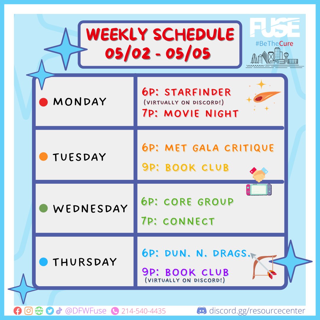 Here is our calendar for the week!  May May bring your colors, flowers & happiness 🌸 

Fuse is a Social Group for 18-35-year-old guys who like other guys!

#DFWFuse #DFWFuse #gay #gaydallas #dallaslgbt #dallaslgbtq