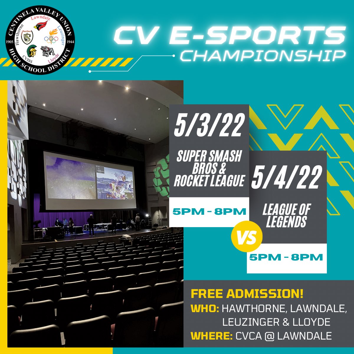 CVUHSD (@cvuhsd) on Twitter photo Please join us for our 1st Annual CV E-Sports Championship on 5/3 & 5/4 at the CVCA from 5pm-8pm. Watch <a href="/HHSCougars/">Hawthorne High</a>, <a href="/LawndaleHSROCKS/">Lawndale High School</a>, <a href="/LeuzingerHS/">Leuzinger High School</a> & <a href="/Lloyde_Bulldogs/">Lloyde High School</a> battle it out on the big stage to see who brings home the championship and bragging rights! 🎮🏆 #CVUHSD #esports Please join us for our 1st Annual CV E-Sports Championship on 5/3 & 5/4 at the CVCA from 5pm-8pm. Watch <a href="/HHSCougars/">Hawthorne High</a>, <a href="/LawndaleHSROCKS/">Lawndale High School</a>, <a href="/LeuzingerHS/">Leuzinger High School</a> & <a href="/Lloyde_Bulldogs/">Lloyde High School</a> battle it out on the big stage to see who brings home the championship and bragging rights! 🎮🏆 #CVUHSD #esports