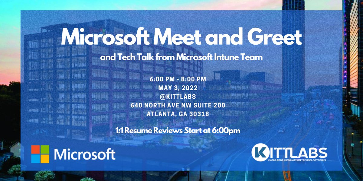TroyNunnally's tweet photo. We are hosting tech talk and networking event with Microsoft at our office (KITT labs - 640 North Ave NW, Atlanta, GA 30318) tomorrow May 3 at 6 pm. There will be drinks and a tech talk. You are invited.  If you are interested, sign up at: https://t.co/YBmrNSW4TX. https://t.co/vlEe3Fvj2a