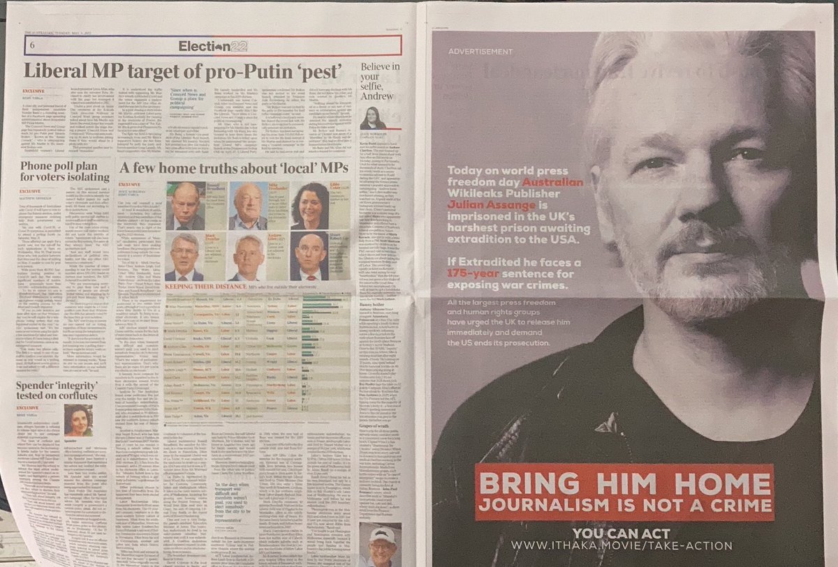 wikileaks's tweet image. Adverts in major Australian newspapers mark beginning of World Press Freedom day: Australian WikiLeaks publisher Julian Assange faces a 175 year sentence if extradited - Bring Him Home - Journalism Is Not A Crime #WorldPressFreedomDay #WPFD2022 @theage @smh @Australian