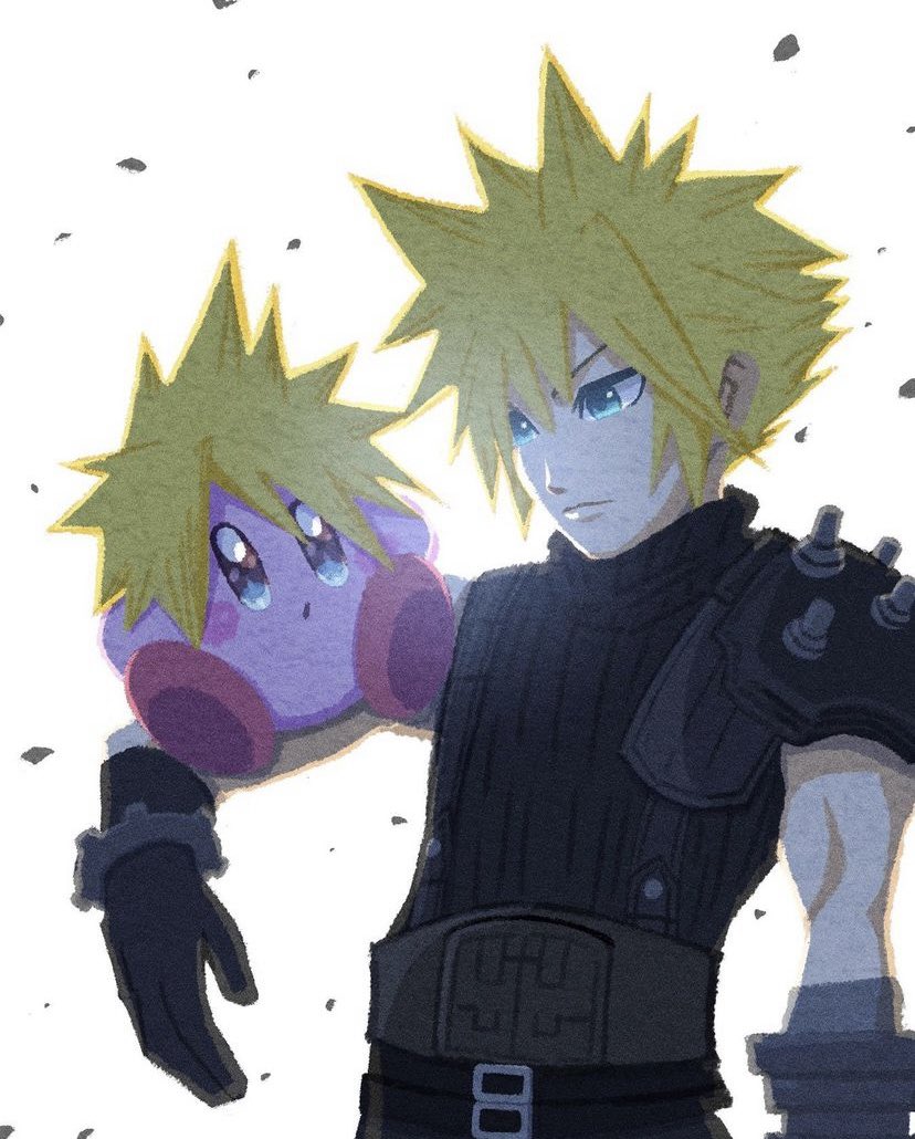 cloud strife ,kirby blonde hair gloves spiked hair blue eyes shoulder armor armor belt  illustration images