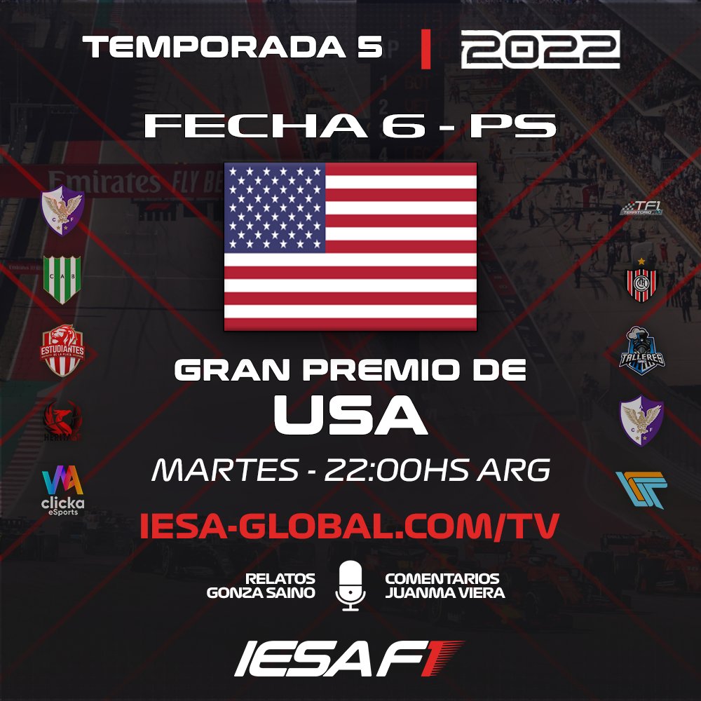 IESA SimRacing (@iesasimracing) on Twitter photo RACEDAY 🔥
FECHA 6 - PS 🔵
🇺🇸 GP de Estados Unidos
📌 Circuito de las Américas
🎙️ <a href="/Gonsabato/">Gonza Saino</a> y <a href="/JuanmaViera27/">Juanma Viera</a>
🕒 22:00hs (🇦🇷)
📺 iesa-global.com/tv
#IESAF1 🏎️ #F1 #Temporada5 RACEDAY 🔥
FECHA 6 - PS 🔵
🇺🇸 GP de Estados Unidos
📌 Circuito de las Américas
🎙️ <a href="/Gonsabato/">Gonza Saino</a> y <a href="/JuanmaViera27/">Juanma Viera</a>
🕒 22:00hs (🇦🇷)
📺 iesa-global.com/tv
#IESAF1 🏎️ #F1 #Temporada5