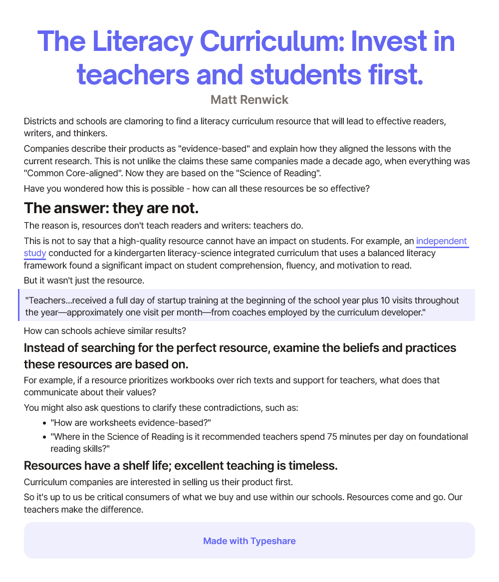 ReadByExample's tweet photo. The Literacy Curriculum: Invest in teachers and students first. https://t.co/w4lK8arErD