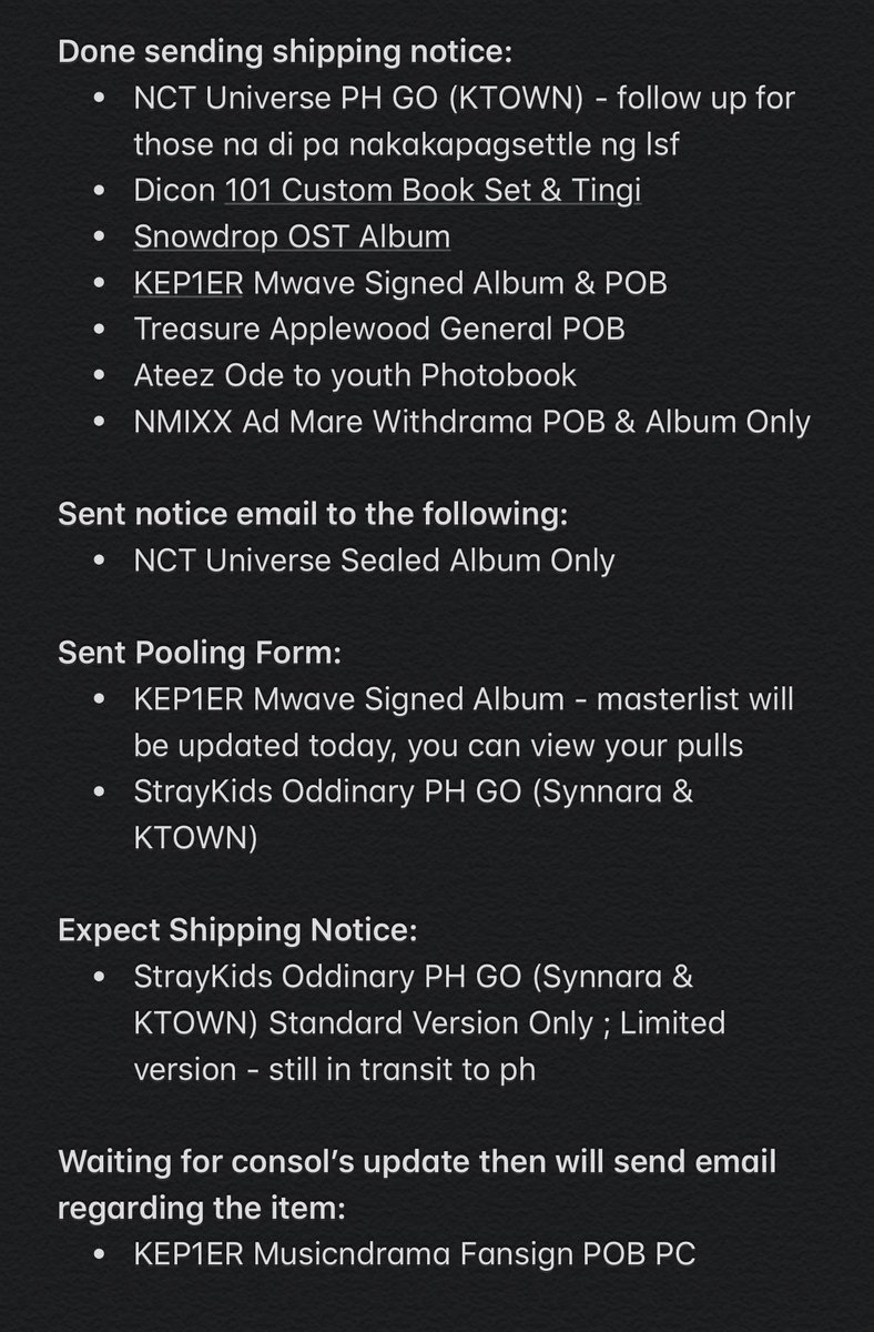 NewiCartPH's tweet photo. #NewiPH_Updates | Quick Update
kindly check your email / spam before dm-ing if hindi pa po nakakareceive ng email
other items not stated below, still same status po (in transit to ph / arrived in kr add) https://t.co/3P547AqD6J