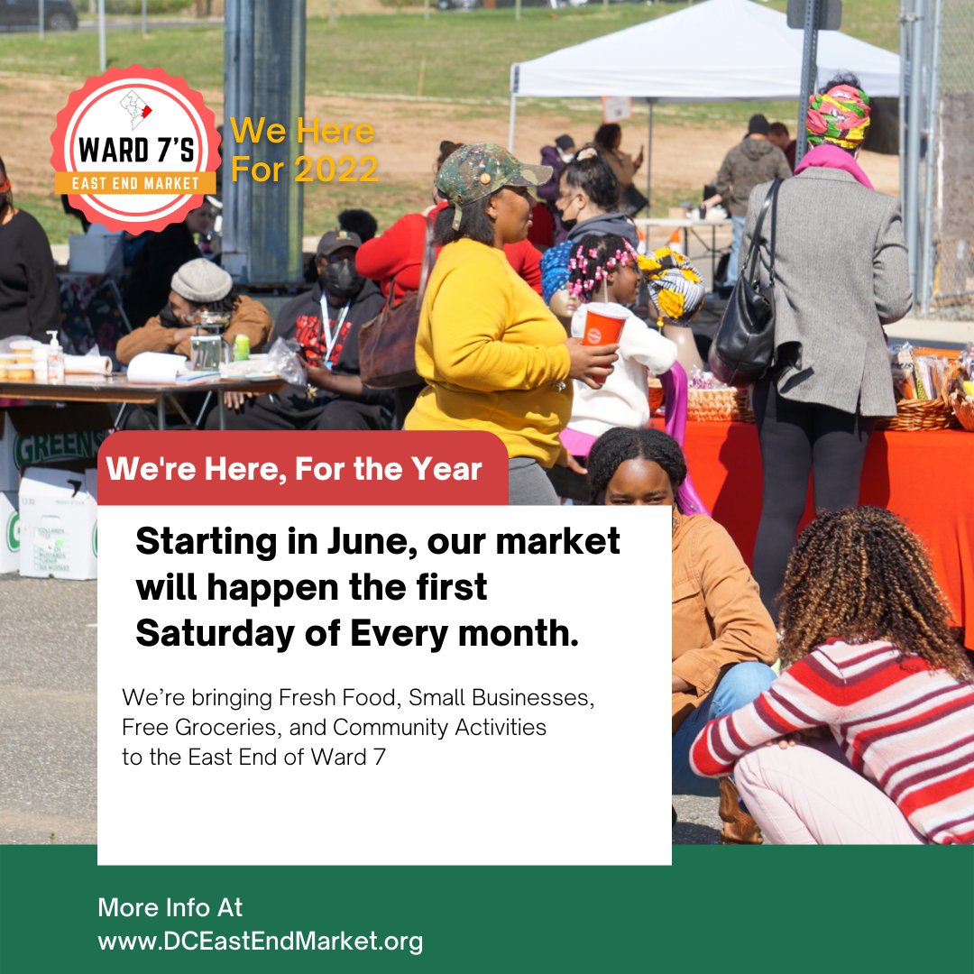 Starting In June the East End Market will happen the first Saturday of Every month. 

We’re excited to bring Fresh Food, Rising Small Businesses, Free Groceries, and Community Activities to the East End of Ward 7.