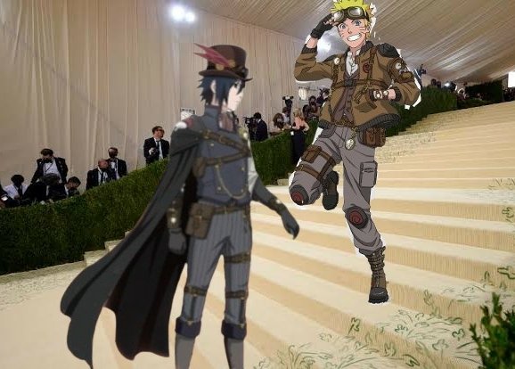 wlwsasuke's tweet photo. Sasuke uchiha and Naruto uzumaki at the met gala! #metgala https://t.co/eC0JUXpEXd