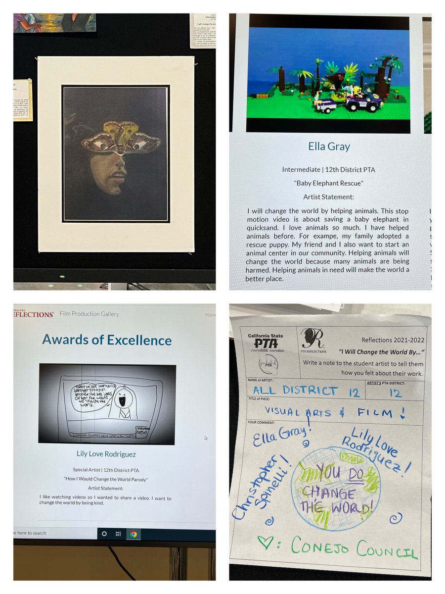 conejopta's tweet photo. Congratulations to CA PTA Convention Reflections displayed artwork student honorees Lily Love Rodriguez (Award of Excellence for her Film Production), Christopher Spinelli (Award of Merit for his Visual Arts), and Ella Gray (Award of Merit for her Film Production). https://t.co/LP4rCsOaa4