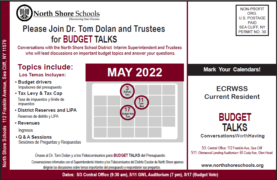 SHELLNORTHSHORE's tweet image. Tomorrow, Tues., 5/3! BUDGET TALKS with Dr. Dolan @ 9:30 am in the Central Office. Please join us to get your questions answered about topics including the upcoming 2022-23 Budget, tax levy, revenues, LIPA, district reserves, etc., Dr. Dolan will lead Q&amp;amp;A!