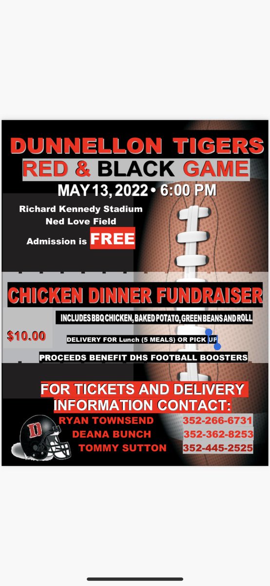 The Red &amp; Black Game is coming up quickly. Get your orders in for your chicken dinners now! Can deliver to your business for orders of 5 or more! Contact the numbers attached for more info! Looking forward to seeing you all out there for some Tiger Football! #CTH <a href="/thecoachsutton/">Tommy Sutton</a>