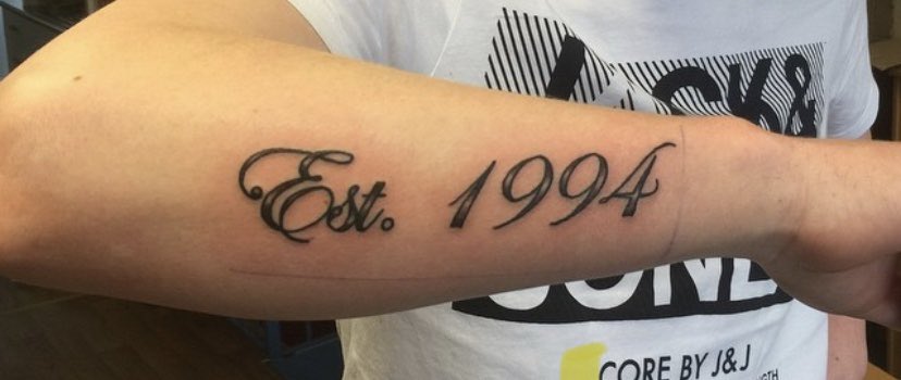 Copyright symbol and 1994 tattoo on the wrist