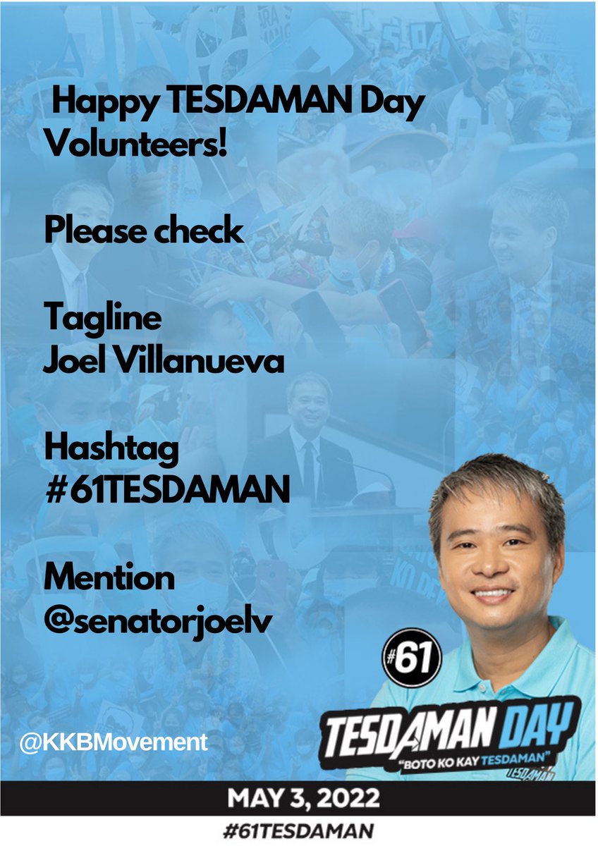 KKBmovement's tweet photo. Happy TESDAMAN Day Volunteers!
This is it!
Joel Villanueva
#61TESDAMAN 
@senatorjoelv https://t.co/nvrhb64Hua