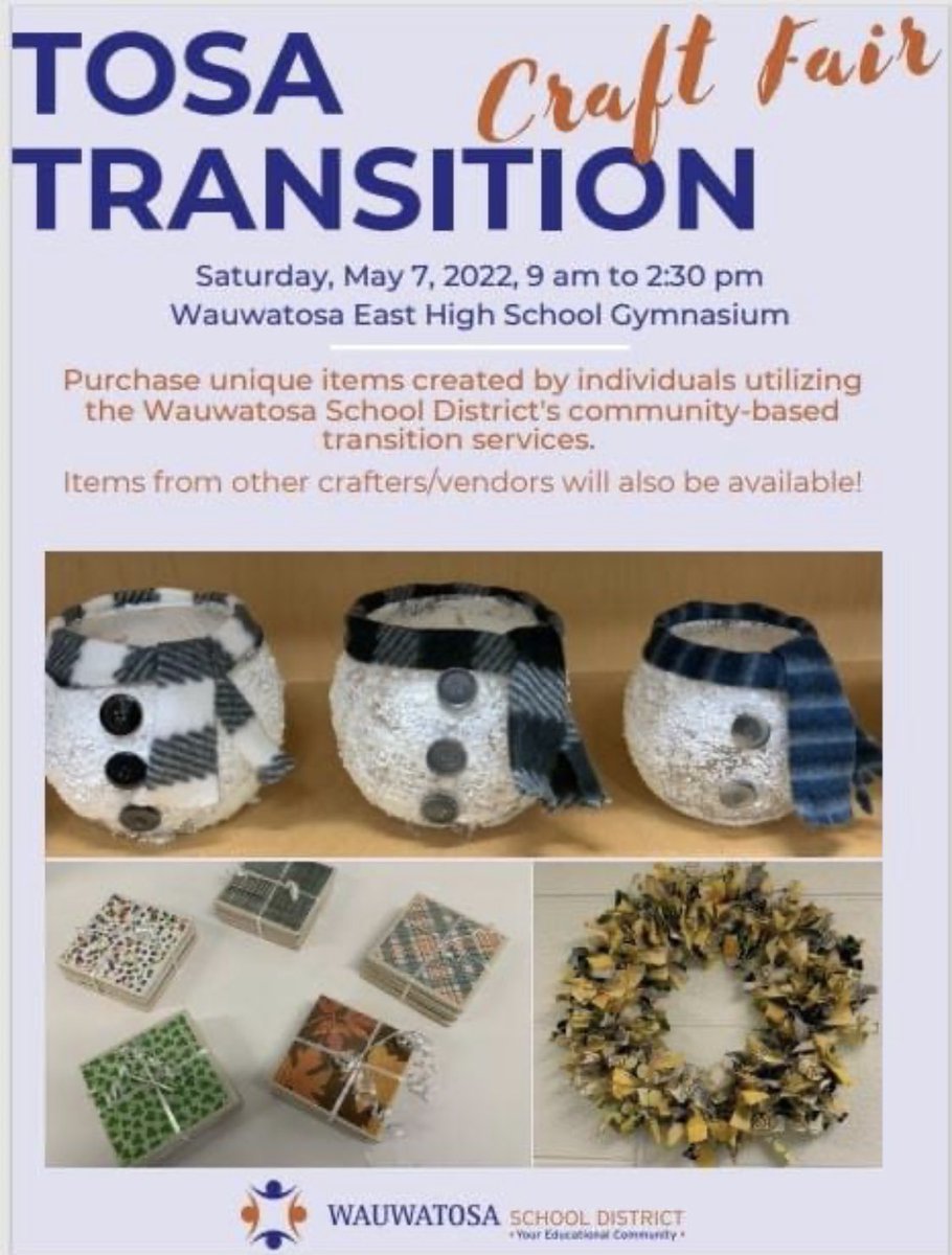Next Steps (@tosatransition) on Twitter photo Don’t forget about our craft fair next Saturday! 9:00 - 2:30 at Tosa East! Please help spread the word! <a href="/tosaschools/">Wauwatosa Schools</a> Don’t forget about our craft fair next Saturday! 9:00 - 2:30 at Tosa East! Please help spread the word! <a href="/tosaschools/">Wauwatosa Schools</a>