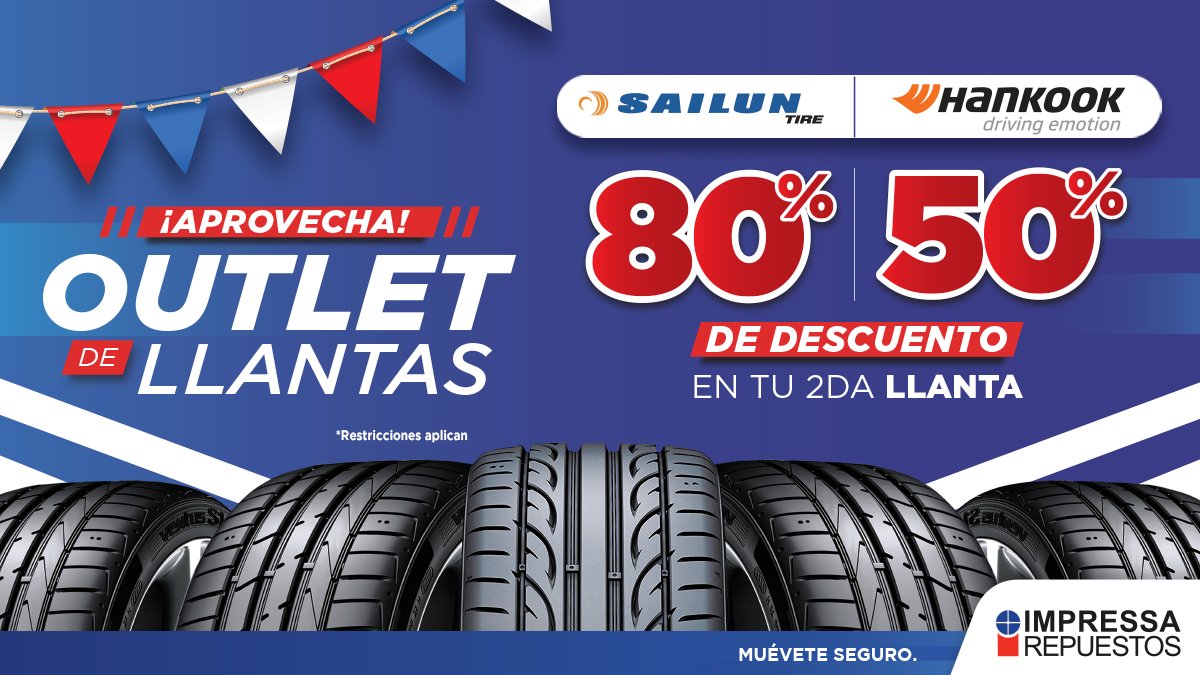IMPRESSAREP's tweet image. ¡Aprovecha GRAN OUTLET de llantas Hankook y Saliun! 🤩 Cotízalas al 2278-9999 o por WhatsApp: bit.ly/3uxLJ10

🔷Promoción del 1 al 15 de mayo 2022
🔷Ver restricciones: bit.ly/2Ee6Orr