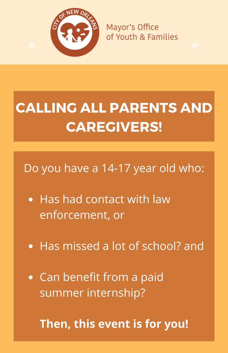 CityOfNOLA's tweet photo. The Office of Youth and Families is hosting its second summer internship fair for at-risk youth. 💛⚜️

🗓Tuesday, May 3rd
⏰4:30PM - 6:30PM
📍Juvenile Court, 1100-B Milton St

The City of New Orleans also offers programming for ALL youth - check out @nordcommission and JOB1 NOLA. https://t.co/Mg4YHp0oYx