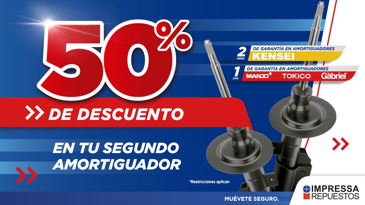 IMPRESSAREP's tweet image. ¡Dale firmeza a la suspensión y dirección de tu vehículo! 😎 APROVECHA el 50% de descuento en tu segundo amortiguador 😉 Cotízalos al 2278-9999 o por WhatsApp: bit.ly/3uxLJ10

🔷Promoción del 1 al 31 de mayo 2022
🔷Ver restricciones: bit.ly/2Ee6Orr