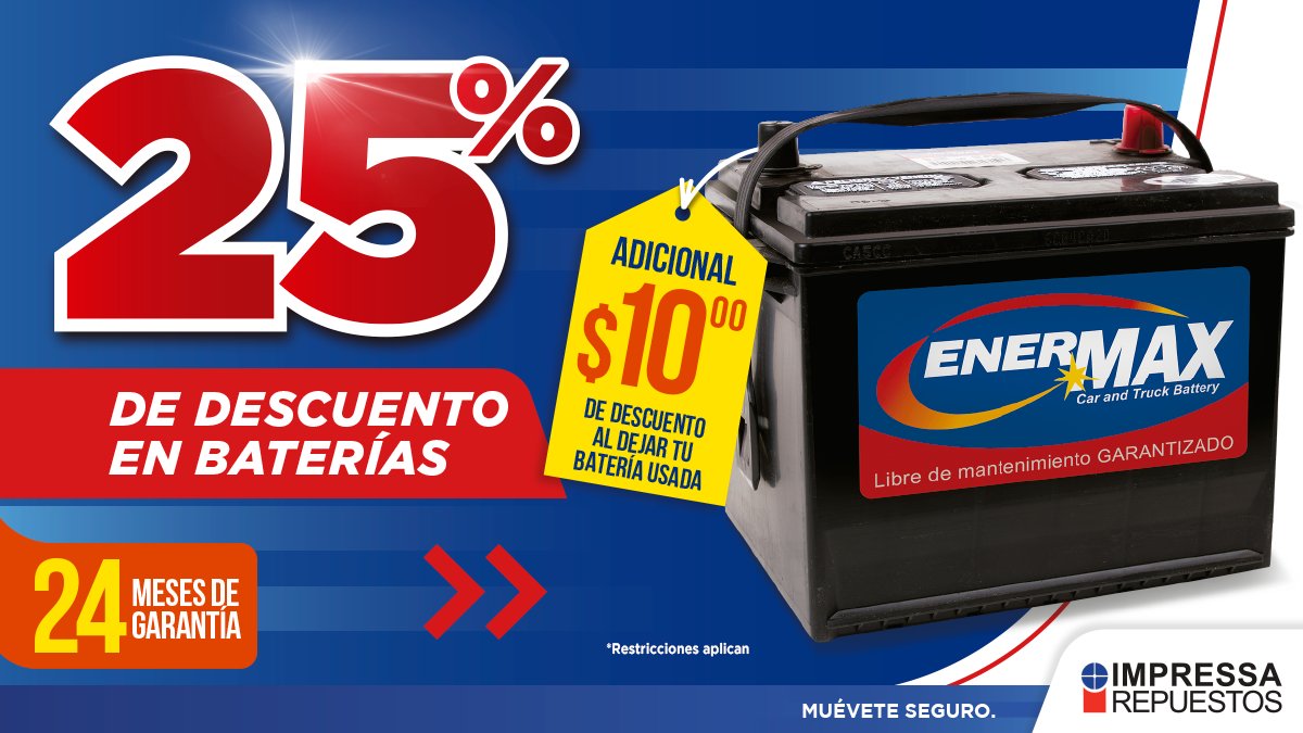 IMPRESSAREP's tweet image. ¡Arranca con más Energía! 😎 APROVECHA 25% de descuento en tu batería ENERMAX ⚡ Cotízala al 2278-9999 o por WhatsApp: bit.ly/3uxLJ10

🔷Promoción del 1 al 31 de mayo 2022
🔷Ver restricciones: bit.ly/2Ee6Orr