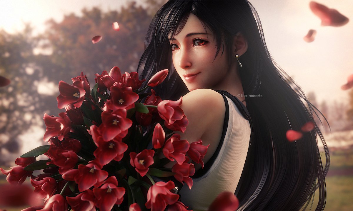 tifa lockhart 1girl flower long hair solo black hair earrings petals  illustration images